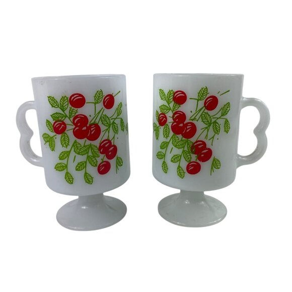 Vintage MCM Milk Glass Pedestal Mugs With Cherry Design Set Of 2 - Picture 1 of 12